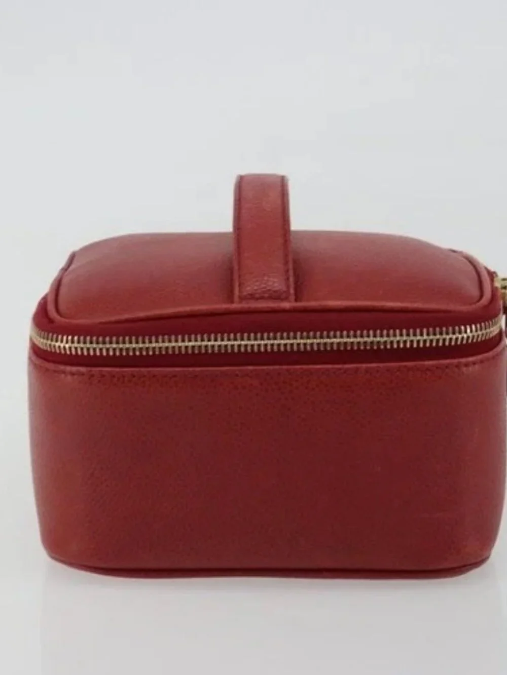 CHANEL COCO Mark Vanity Hand Bag Grained Calf Skin Red Gold CC Auth ka4988
